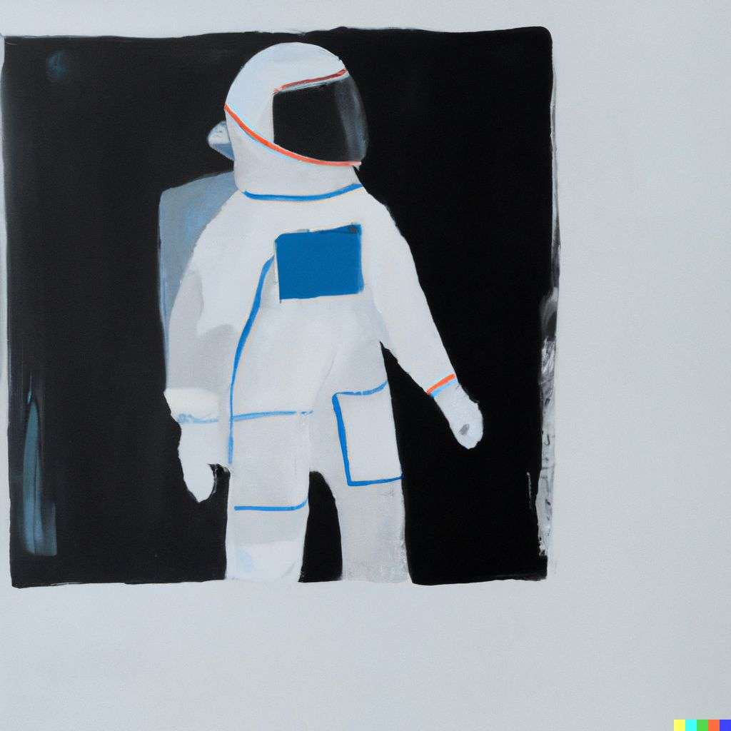 minimalist painting of an astronaut in black, white, grey and blue paint on canvas